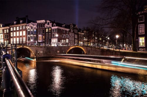 Amsterdam Canal By Night Light Trails