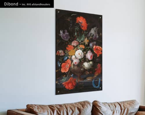 Wall Visual Dibond Stilleven met bloemen en een horloge, Abraham Mignon