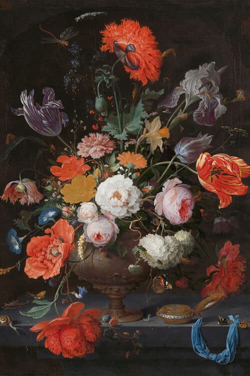 Stilleven met bloemen en een horloge, Abraham Mignon