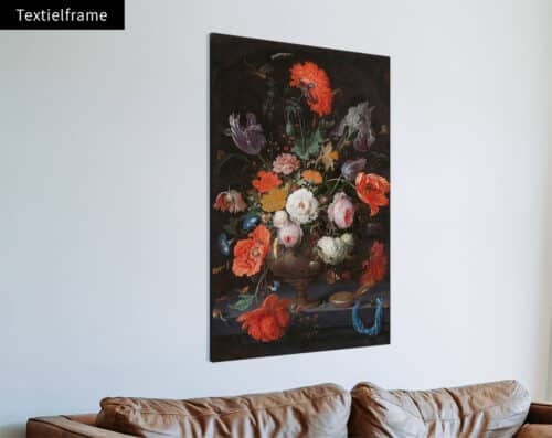 Wall Visual Textielframe Stilleven met bloemen en een horloge, Abraham Mignon